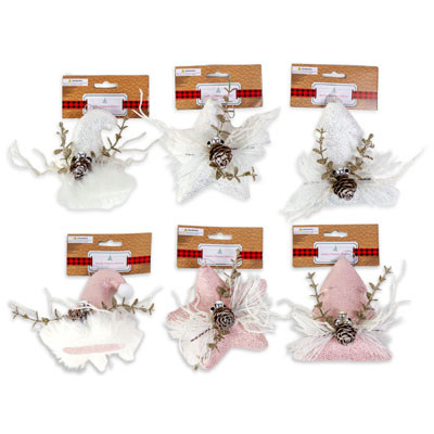 ORNAMENT SPARKLY W/GLITTER PINE & TWIGS 3STYLES IN PINK OR WHITE SANTA HAT/TREE/STAR XMAS HT