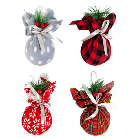 ORNAMENT FABRIC WRAP BALL W/GREENERY TRIM 4AST 6.5INHANGTAG ORNAMENT FABRIC WRAP BALL W/GREENERY TRIM 4AST 6.5INHANGTAG