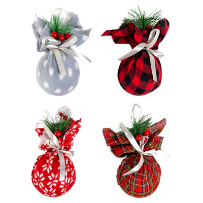 ORNAMENT FABRIC WRAP BALL W/GREENERY TRIM 4AST 6.5INHANGTAG