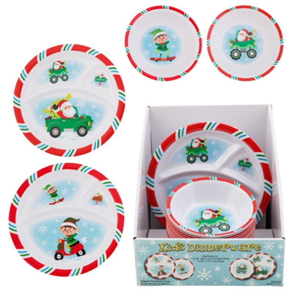 DINNERWARE KIDS CHRISTMAS 2 AST 8.25IN PLATE/5.25IN BOWL 48PC PDQ SANTA/ELF