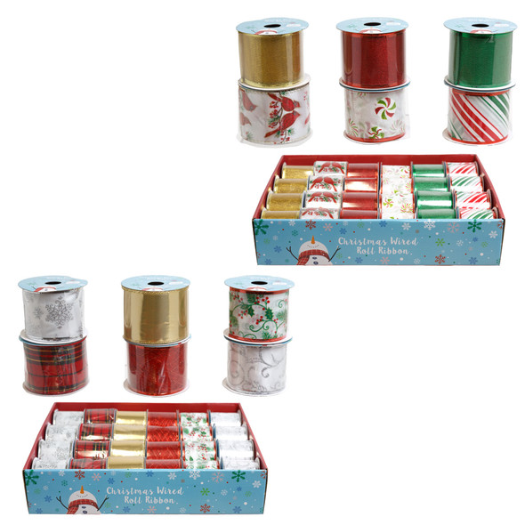 RIBBON WIRE CHRISTMAS 2.5X3YDS 12AST IN 2-24PC PDQ'S PER CASE 6AST PER PDQ