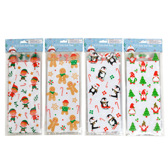 LOOT BAG CELLO CHRISTMAS 15CT 4 ASSORTED 11X2.5X5IN PBH ON 24PC MERCH STRIP