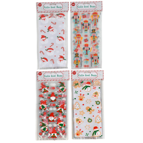 LOOT BAG CELLO 24PC 4 ASSORTED 15CT CHRISTMAS 11X2.5X5IN PBH ON MERCH STRIP