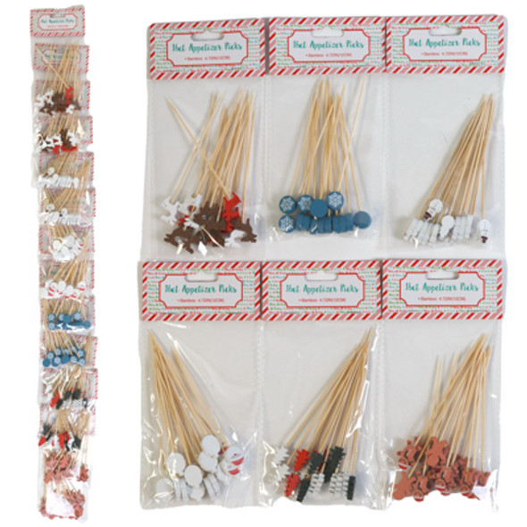 APPETIZER PICKS CHRISTMAS 16CT BAMBOO 4.72IN 6AST ICONS/XMAS ON MERCH STRIP