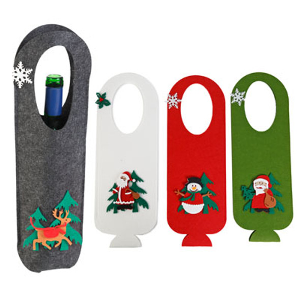WINE BOTTLE BAG FELT W/HANDLE 4AST W/CHRISTMAS APPLIQUE 5.6X15.25IN JHOOK/HT