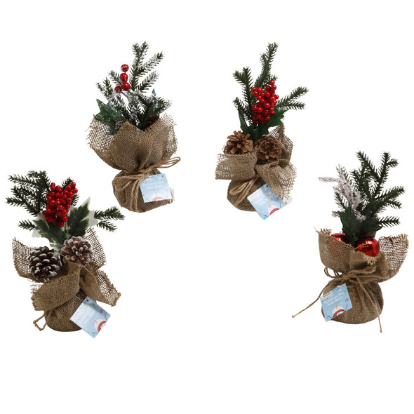 CHRISTMAS MINI TREE 11" PINE W/ BURLAP BASE & 4 ASST TRIM DECOR XMAS HT