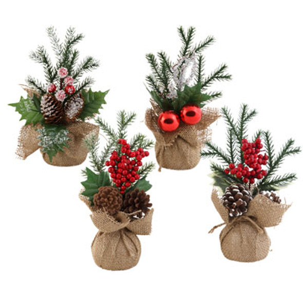 CHRISTMAS MINI TREE 11" PINE W/ BURLAP BASE & 4 ASST TRIM DECOR XMAS HT