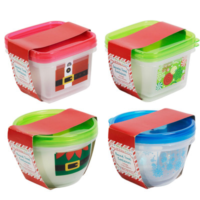 FOOD STORAGE CONTAINER 2PK SQUARE/ROUND W/4AST XMAS PRINTS SANTA/ELF/CANDY/SNOWFLAKE PTDSLV