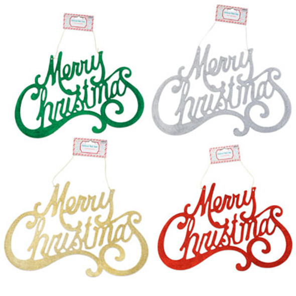 MERRY CHRISTMAS GLITTER SIGN 4AST 17 X 11.81IN OPP BAG/HDR GOLD/SILVER/RED/GREEN