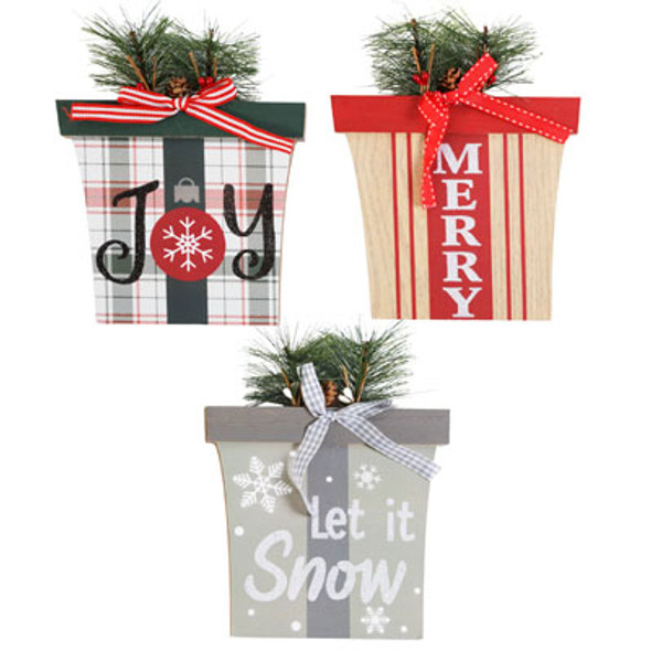 TABLE DECOR CHRISTMAS PRESENT MDF 3AST 5.7 X 0.4 X 7IN W/BOW & GREENERY EASEL BACK COMPLY/LABEL TABLE DECOR CHRISTMAS PRESENT MDF 3AST 5.7 X 0.4 X 7IN W/BOW & GREENERY EASEL BACK COMPLY/LABEL