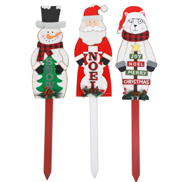 YARD SIGN CHRISTMAS DELUXE 27.5IN 3AST SNOWMAN/SANTA/BEAR WOOD XMAS LABEL/MDF COMPLY