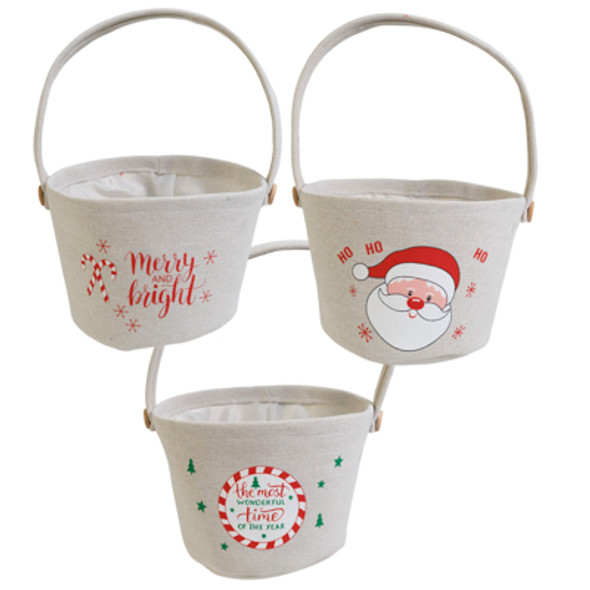 BASKET W/HANDLE CANVAS W/LINING 3ASST CHRISTMAS PRINTS  6X8IN XMAS HANGTAG