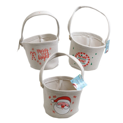 BASKET W/HANDLE CANVAS W/LINING 3ASST CHRISTMAS PRINTS  6X8IN XMAS HANGTAG