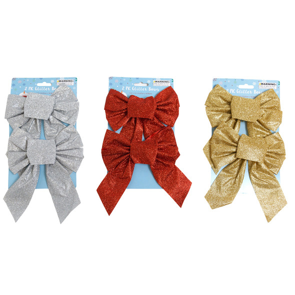BOW GLITTER 2PK 6.5 X 5.5IN 3AST COLORS RED/SILVER/GOLD TCD
