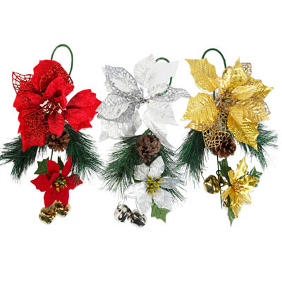POINSETTIA HANGING DECOR 15IN W/PINE & BELLS 3AST COLORS HT