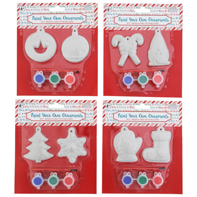 ORNAMENT CRAFT KIT DIY 2PC PLASTER W/BRUSH & PAINT POTS XMAS BLISTER CARD