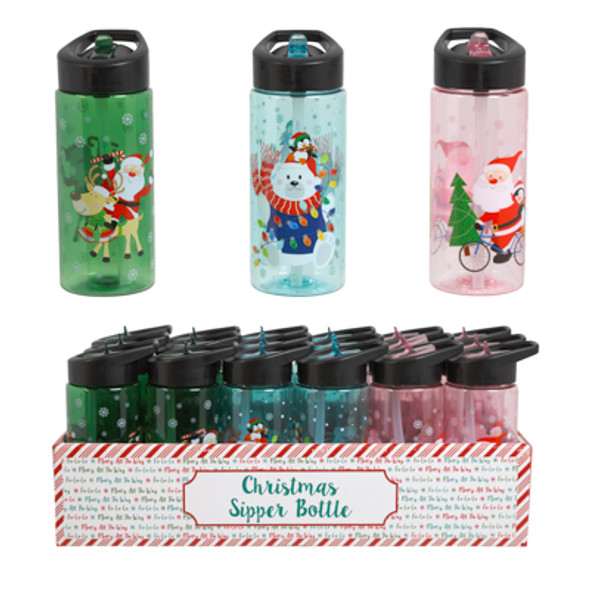 SIPPER BOTTLE W/FLIPTOP STRAW 16OZ 3AST CHRISTMAS PRINTS/UPC TRAY DISPLAY