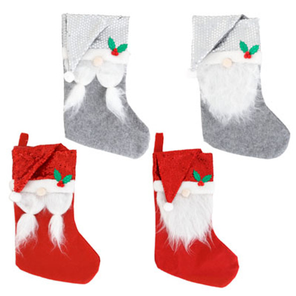 STOCKING GNOME 17IN 2 STYLES GIRL OR BOY EACH IN 2 COLORS W/SEQUINS CUFF XMAS JHOOK/HT