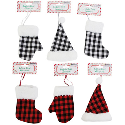 ORNAMENT BUFFALO PLAID W/FUR PLUSH TRIM MINI STOCKING/HAT/GLOVE 6AST XMAS HEADER CARD