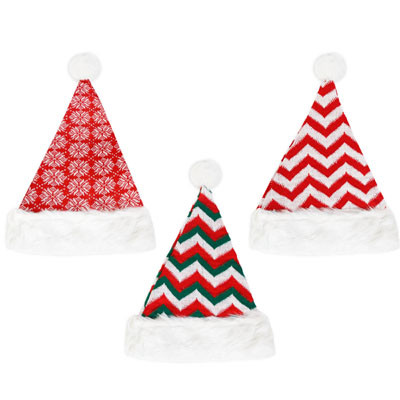 SANTA HAT KNIT 3AST PRINTS W/FUR CUFF 12WX15.75H JHOOK/HT