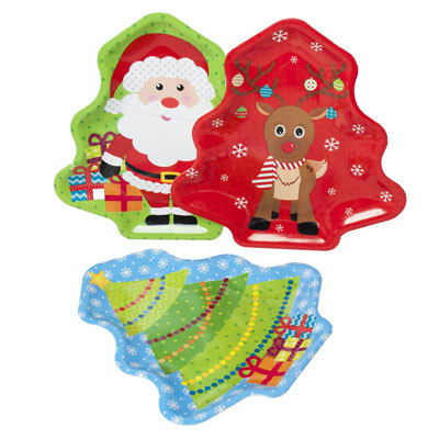 TRAY SERVING CHRISTMAS TREE SHAPED SANTA/DEER/TREE PRINT 12IN PP PLASTIC/UPC LABEL