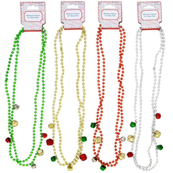 NECKLACE BEAD 2PK CHRISTMAS W/3 JINGLE BELLS 4AST COLORS CHRISTMAS BARBELL CARD