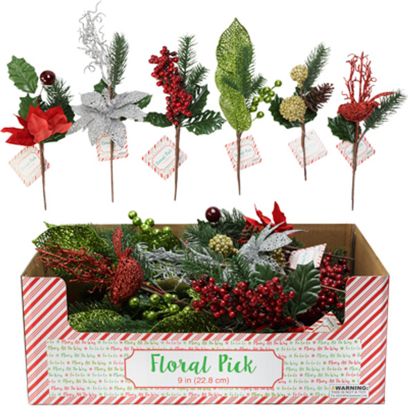 FLORAL PICK CHRISTMAS GREENERY 9IN 6AST STYLES IN 36PC PDQ CHRISTMAS HT