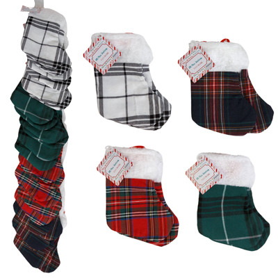STOCKING MINI 2PK 7IN PLAID/ CHECK 4 ASST ON PRELOADED MDSG STRIP XMAS HT/ J-HOOK