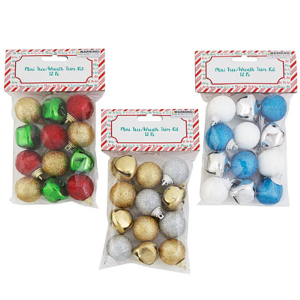 MINI TREE/WREATH TRIM KIT 12PC 8 GLITTER 1IN BALL/4 BELLS 3AST COLOR COMBOS XMAS PBH