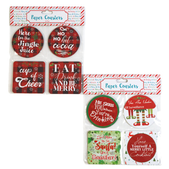COASTERS PAPER 8PK HOLIDAY 2AST NOVELTY FUN SAYINGS/XMAS PBH
