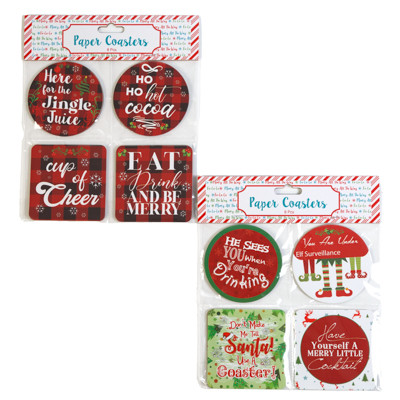 COASTERS PAPER 8PK HOLIDAY 2AST NOVELTY FUN SAYINGS/XMAS PBH