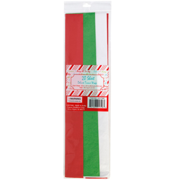 TISSUE PAPER 20CT TRIFOLD RED/WHITE/GREEN SOILDS 20X20