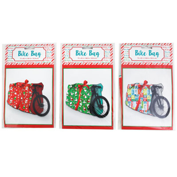 GIFT BAG BIKE 72X60IN PLASTIC 3AST CHRISTMAS DESIGN PB/INSERT0.025MM GAUGE