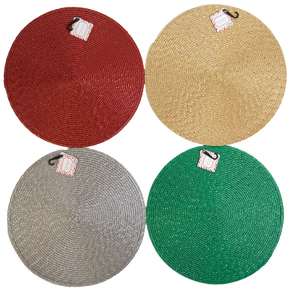 PLACEMAT ROUND CHRISTMAS SHINY TINSEL 15IN DIA RED/GOLD/SILVER/GREEN CHRISTMAS HT/JHOOK