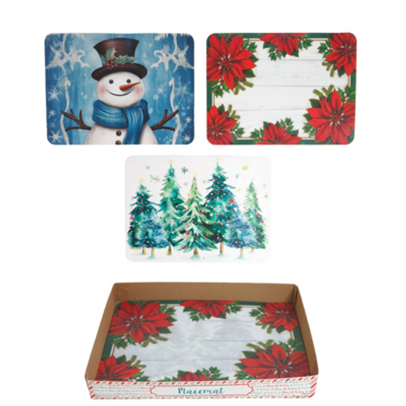 PLACEMAT PLASTIC 3AST CHRISTMAS PRINTS 16X12 36PC PDQ/UPC LABEL