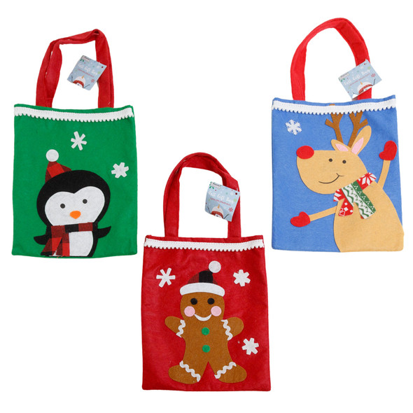TREAT BAG FELT CHRISTMAS PENGUIN/GINGERBREAD/REINDEER W/FRINGE 7.87X10IN CHRISTMAS HT
