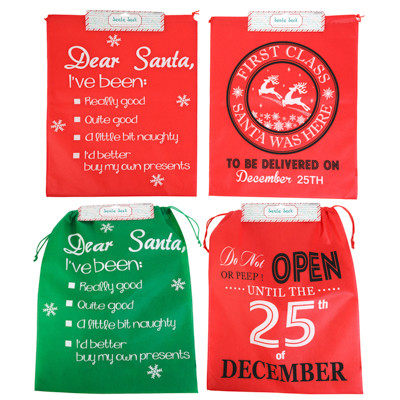 SANTA SACK NONWOVEN 18X22.75IN RED OR GREEN W/WHITE PRINT 4AST XMAS HEADER