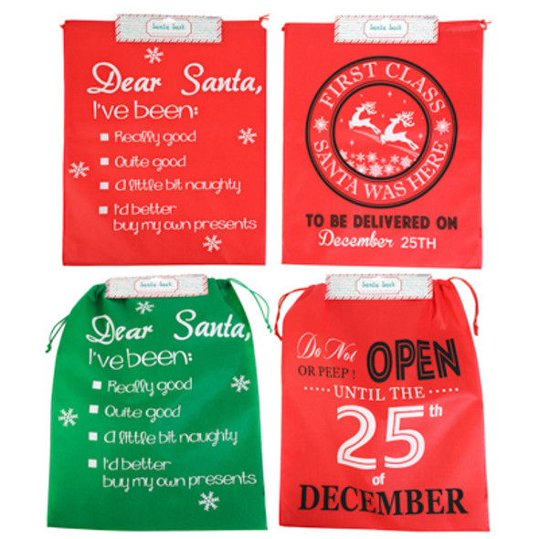 SANTA SACK NONWOVEN 18X22.75IN RED OR GREEN W/WHITE PRINT 4AST XMAS HEADER