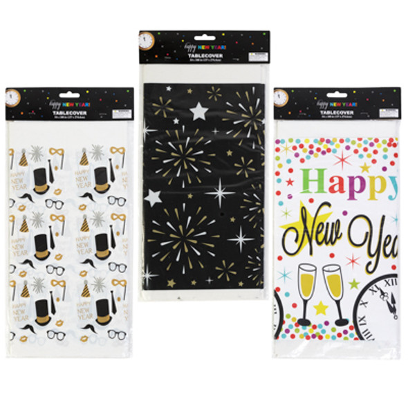 TABLECOVER NEW YEAR 54X108IN PE PLASTIC 3AST BORDER PRINTS PBH