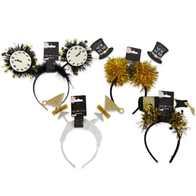 HEADBAND NEW YEAR 4AST W/TINSEL/GLITTER/FEATHER PLASTIC NY BARBELL