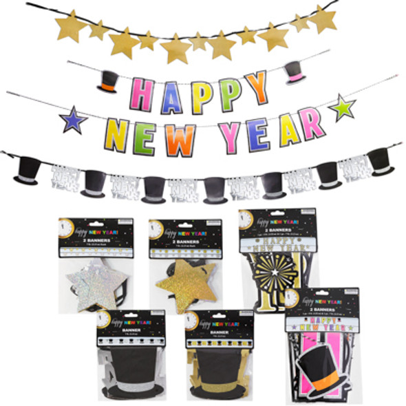 BANNER ASSORTMENT NEW YEAR 6AST 5-7FT HAT/STAR/HAPPY NY STYLES PBH