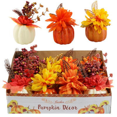 PUMPKIN W/FLOWER 6X3 3AST 12PC PDQ/HARVEST HANGTAG W/GLITTER LEAF OR BERRY/LEAF