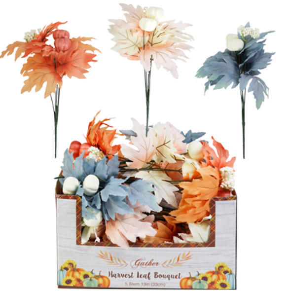 HARVEST LEAF BOUQUET 5 STEM/13IN 3AST COLORS W/PUMPKINS & BERRY CLUSTERS 24PC DUMP DISPLAY