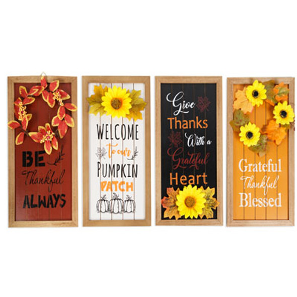 HARVEST WALL PLAQUE 9X17.7IN 4AST EMBELISHED W/FLORAL MDF HT/MDF COMPLY LBL HARVEST WALL PLAQUE 9X17.7IN 4AST EMBELISHED W/FLORAL MDF HT/MDF COMPLY LBL