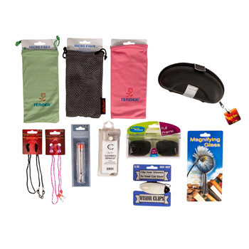 EYEGLASS ACCESSORY 8 ASSORTED SUN CLIPS/CORDS/REPAIR KIT/STORAGE CASE/KOO CLIPS FLOOR DISPLAY