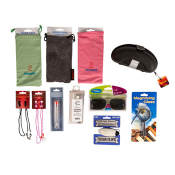 EYEGLASS ACCESSORY 8 ASSORTED SUN CLIPS/CORDS/REPAIR KIT/STORAGE CASE/KOO CLIPS FLOOR DISPLAY
