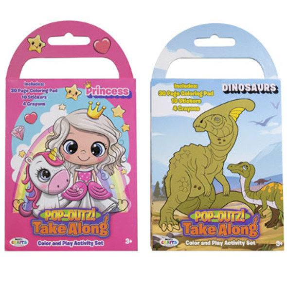 ACTIVITY SET TAKE ALONG 2 ASST 30PG COLORING PAD, 10 STICKERS, 4 CRAYONS