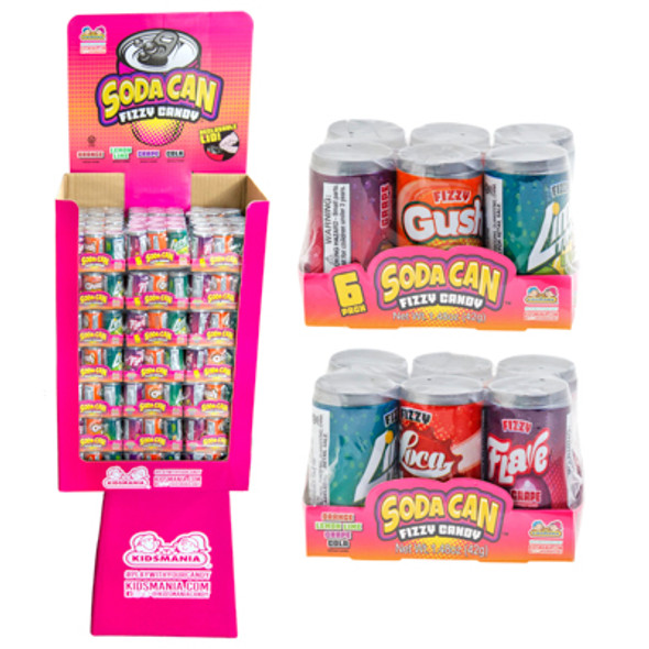 SODA CAN FIZZY CANDY 6PK 4 ASST FLAVORS/PK IN 72PC FLOOR DISPLAY