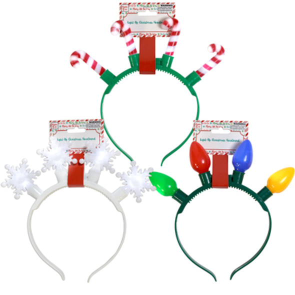 HEADBAND CHRISTMAS 3 FUNCTION LIGHT-UP 3AST STYLES BARBELL HEADERCARD