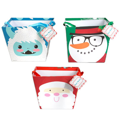 PAPER BUCKET 3AST CHRISTMAS CHARACTERS W/HOTSTAMP & RIBBON HANDLE 7.5 X 5.8IN XMAS HT